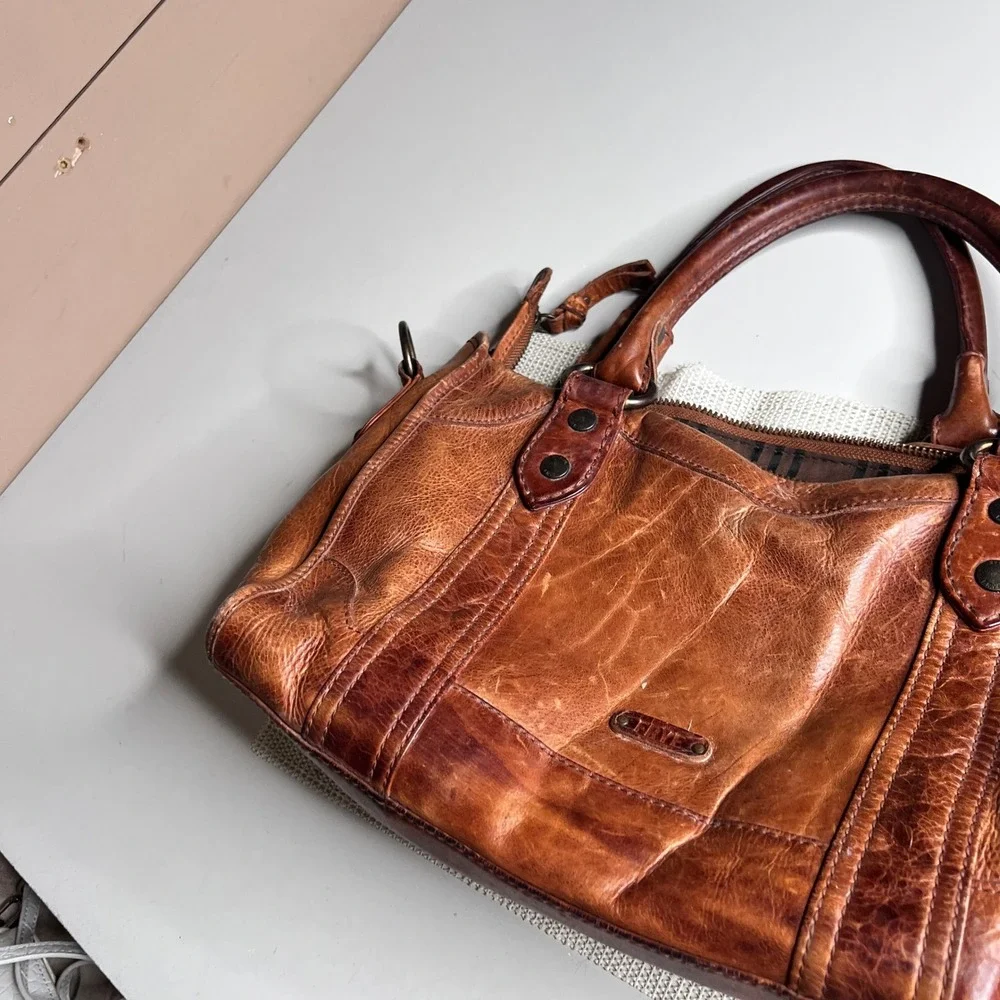 Frye‎ Melissa Satchel Cognac Brown Leather Crossbody Handbag Distressed Medium